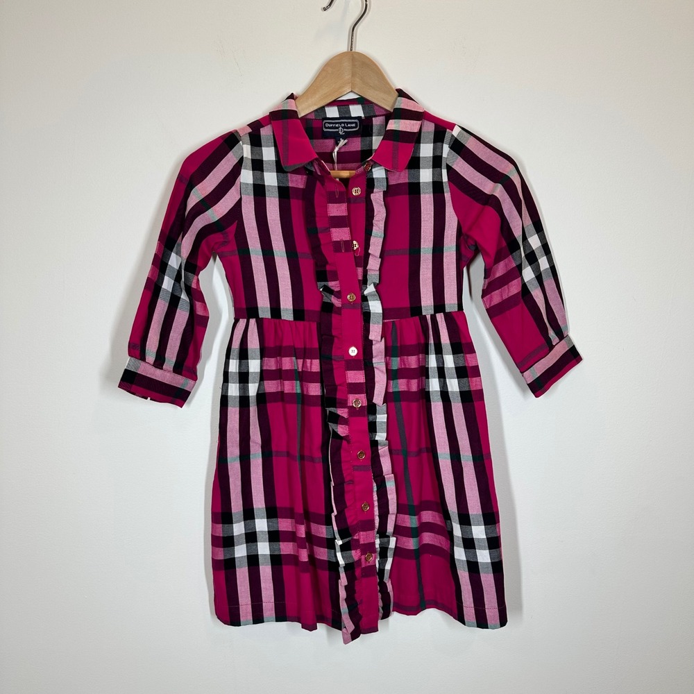 NWT Duffield Lane Ingrid Dress Girls 8 Pink Plaid Cotton Ruffle Button Preppy